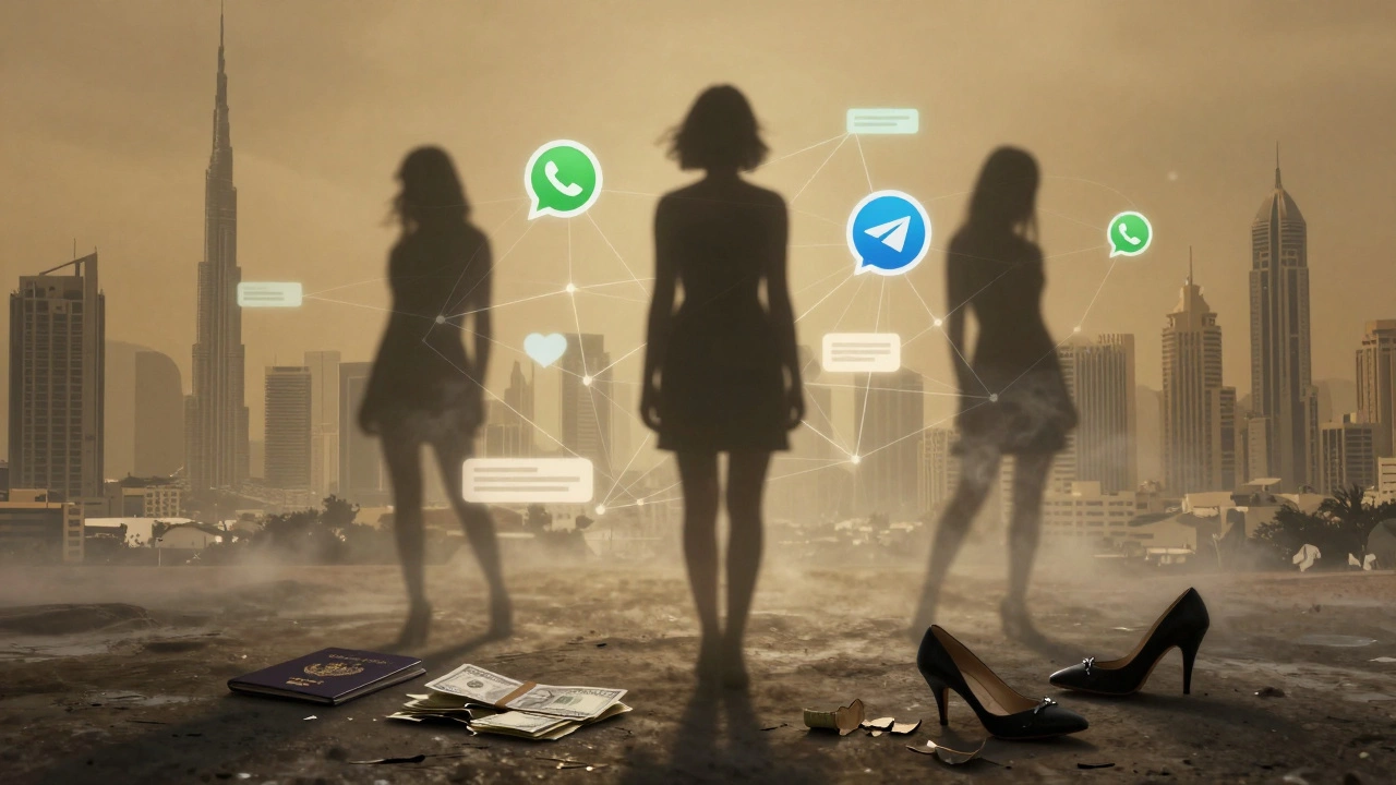 Abstract digital web of messaging apps and silhouettes surrounding a passport, cash, and broken shoe, symbolizing exploitation.