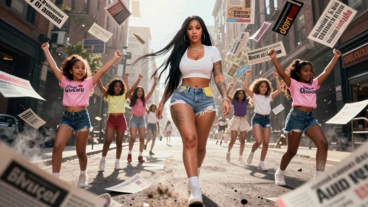 Cardi B walking through a storm of dissolving headlines, sunlight breaking through as young girls imitate her behind her.