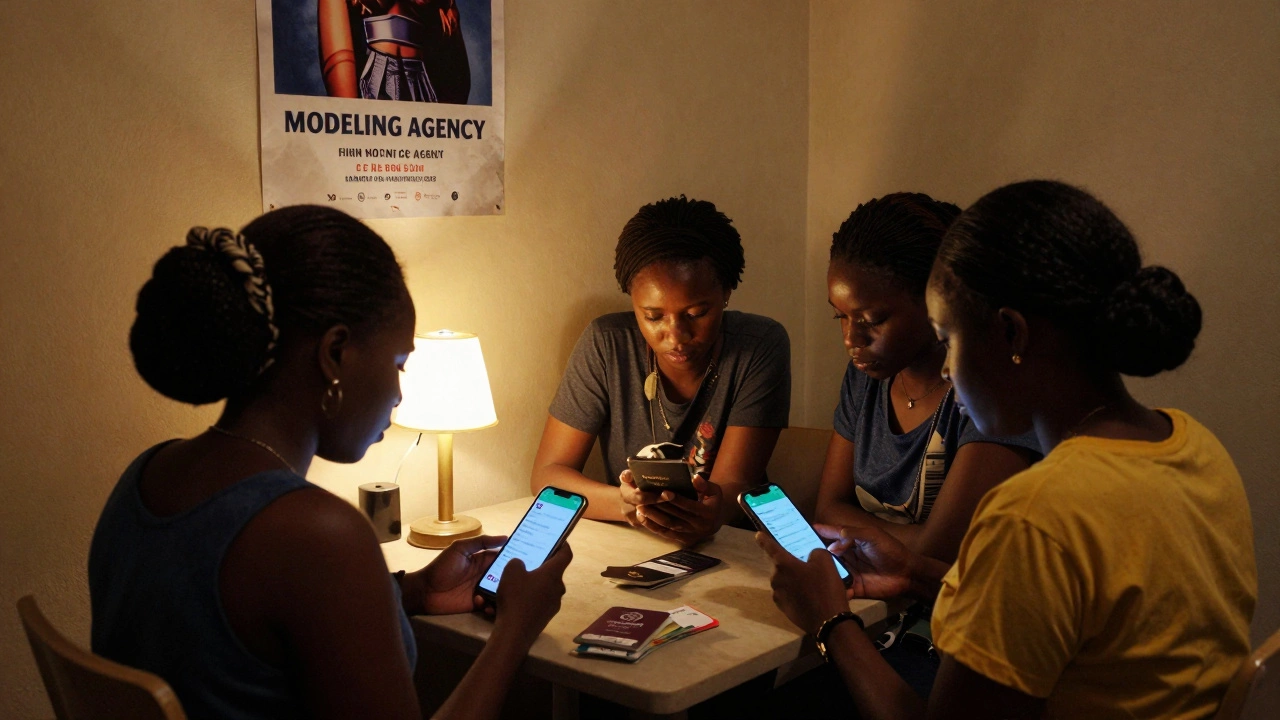 Three Nigerian women huddled around a table in Dubai, using smartphones and holding fake documents in a dimly lit apartment.